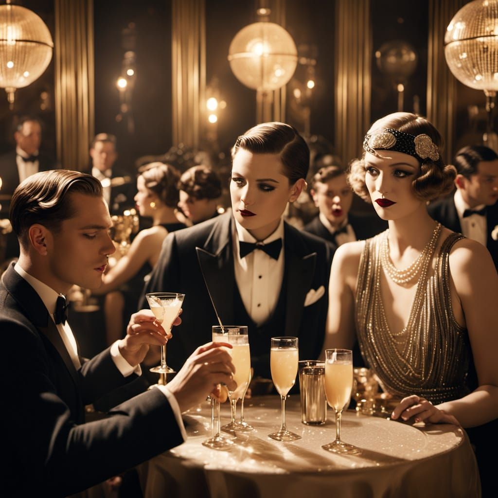 Art Deco Characters Sipping Cocktails in Smoky Room
