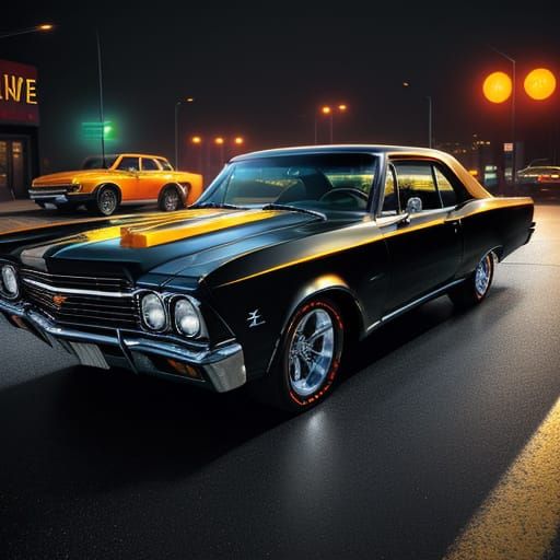 jet black hard top 1967 Chevy Impala Hyperrealistic, splash art, concept art, mid shot, intricately detailed, color dept...