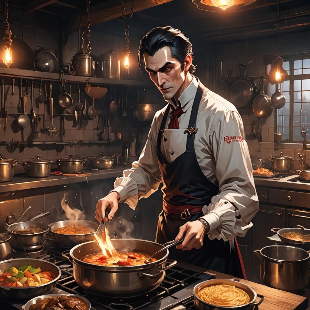 Dracula Cooks: Dark Academia in Cyberpunk Anime Style