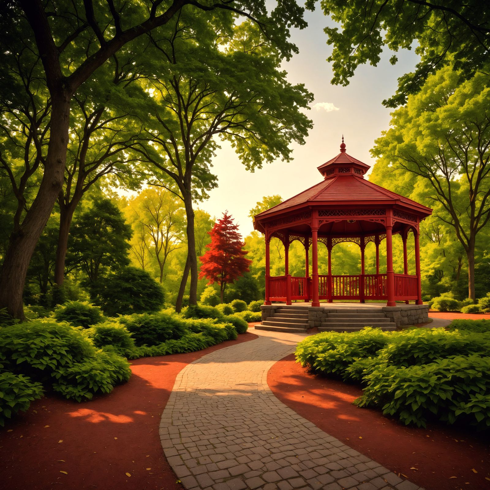 Vibrant Red Gazebo in a Forest Oasis
