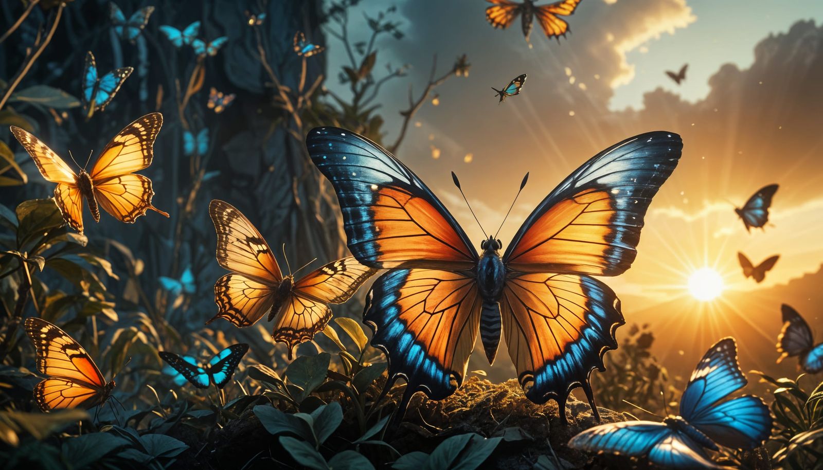 Butterflies Dance in Vibrant Sunset Rays