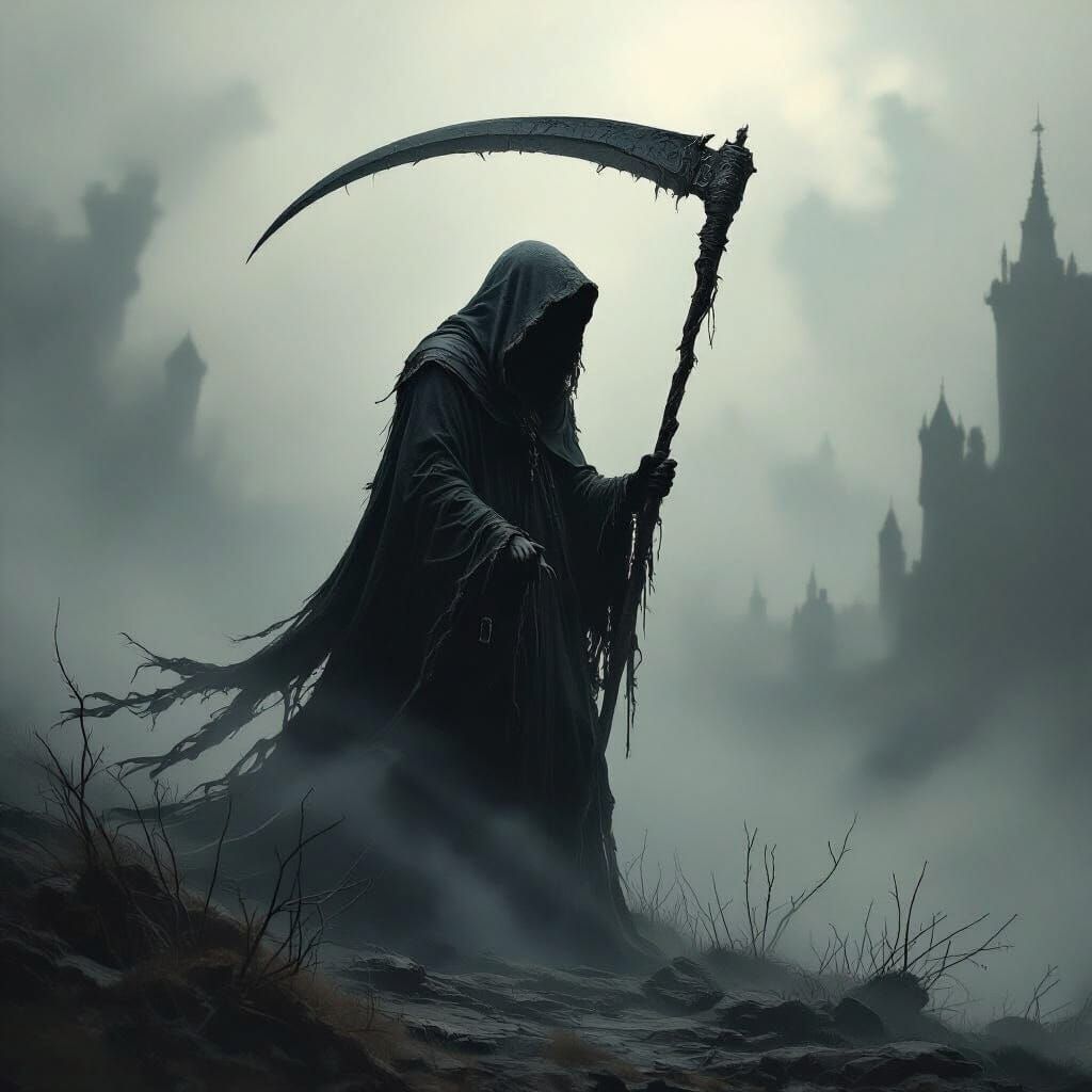 Grim Reaper in Dark Fantasy Landscape