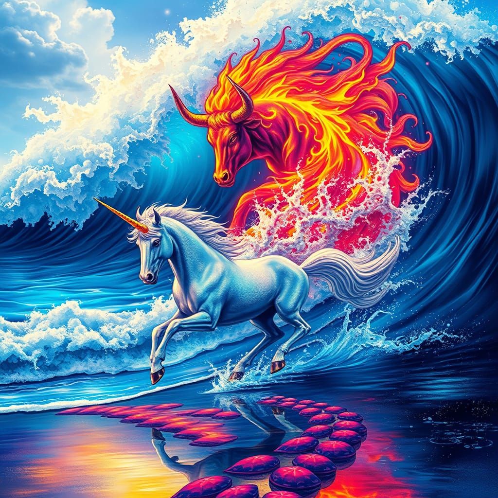 Majestic Blue Unicorn Rides Shore as Flaming Bull Emerges fr...