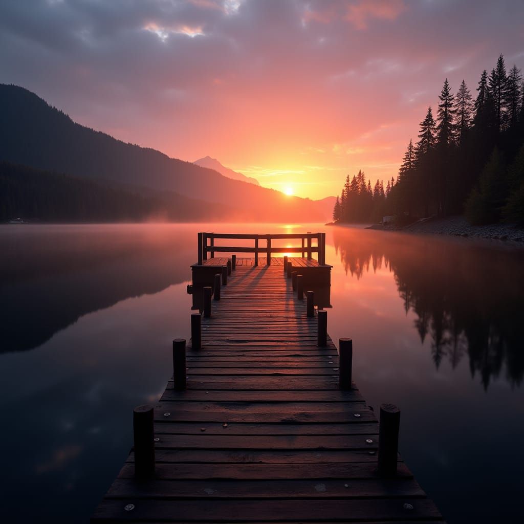 Tranquil Sunset Lake with Wooden Jetty