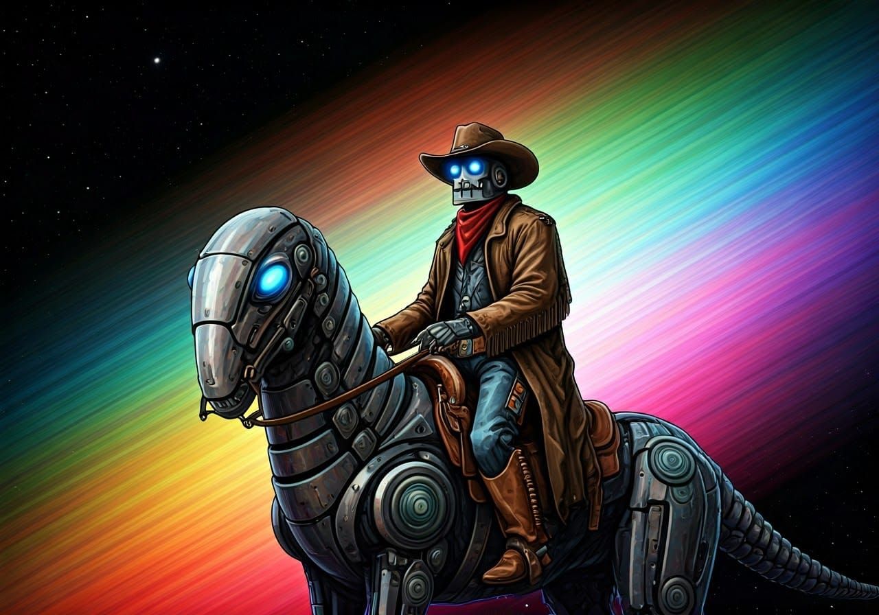 Robot Cowboy on Cosmic Steed in Visionary Style