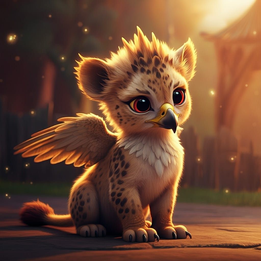 Gritty CGI Cartoon Griffin Cub Grooming Its Wing