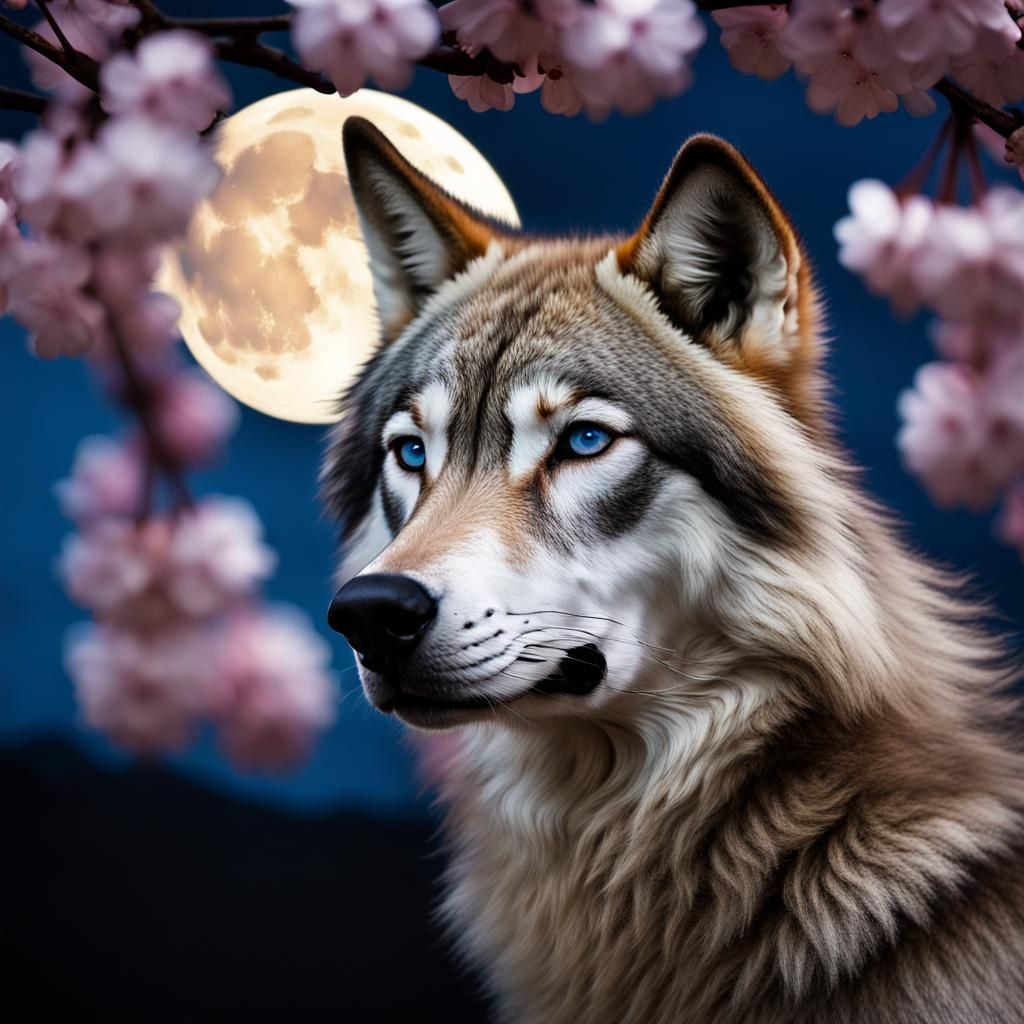 Majestic Blue-Eyed Wolf Under Cherry Tree at Night