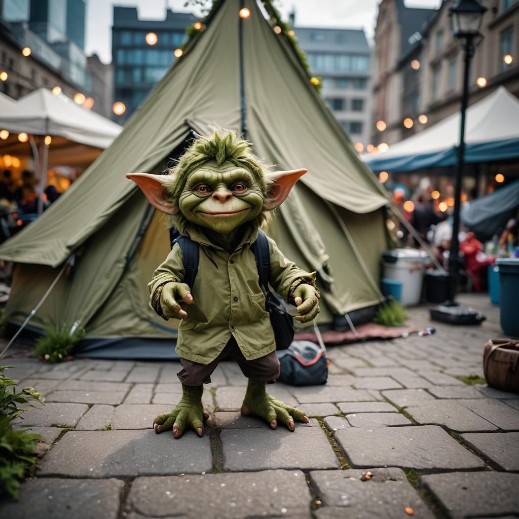 Friendly Troll Gremlin Living in City Tent