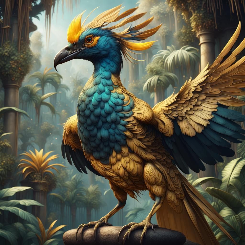 Majestic Golden Tropical Bird in Detailed Matte Painting