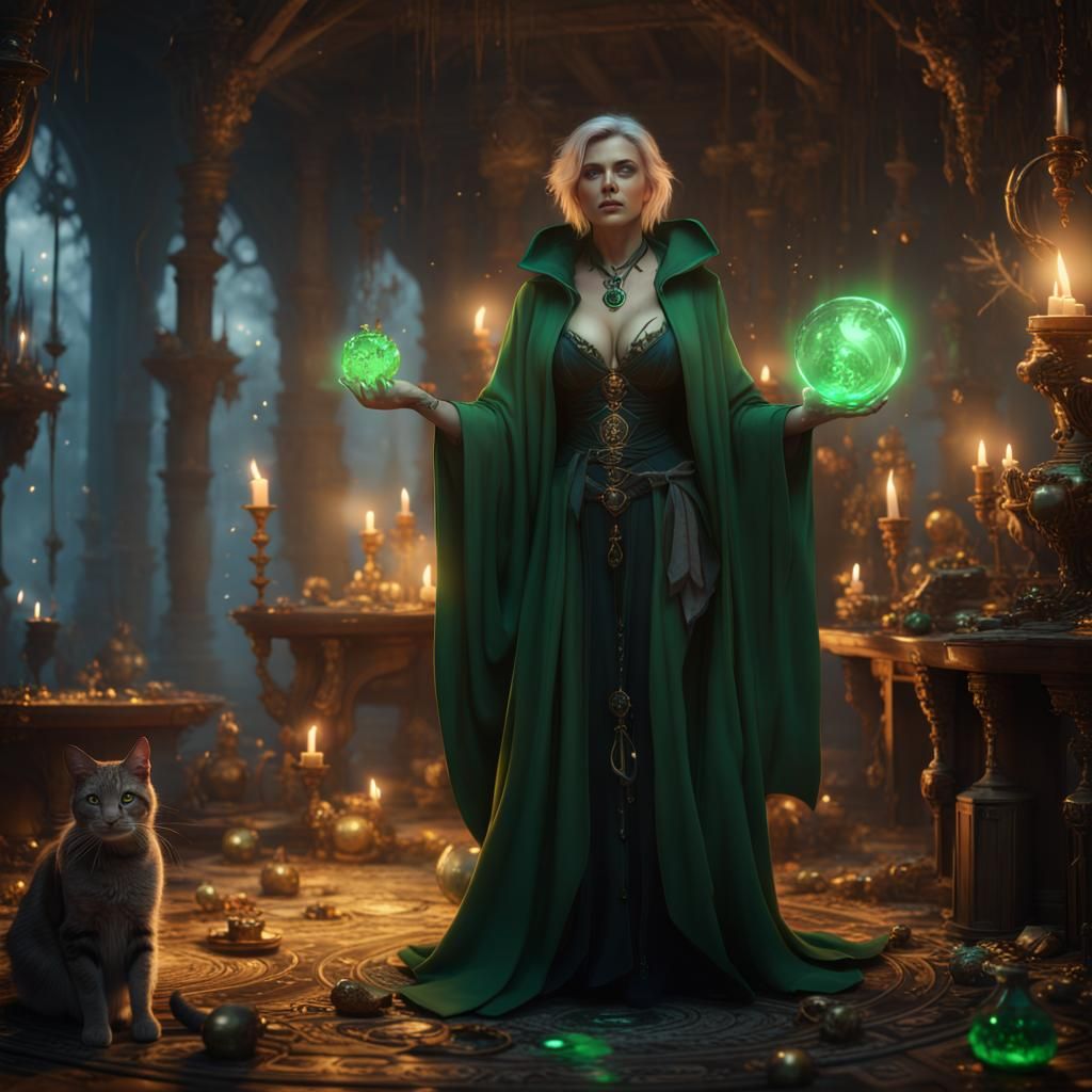 Green Witch Casting Spell with Cat
