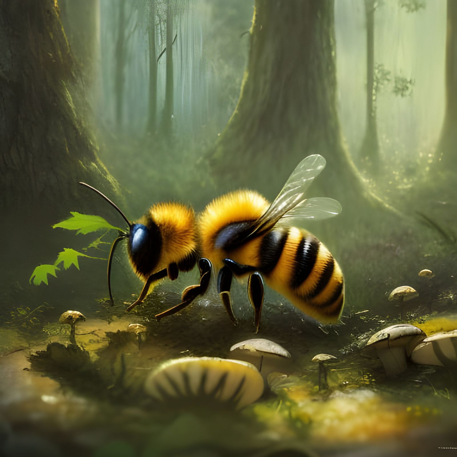 Bee on Forest Mushrooms in Studio Ghibli Style