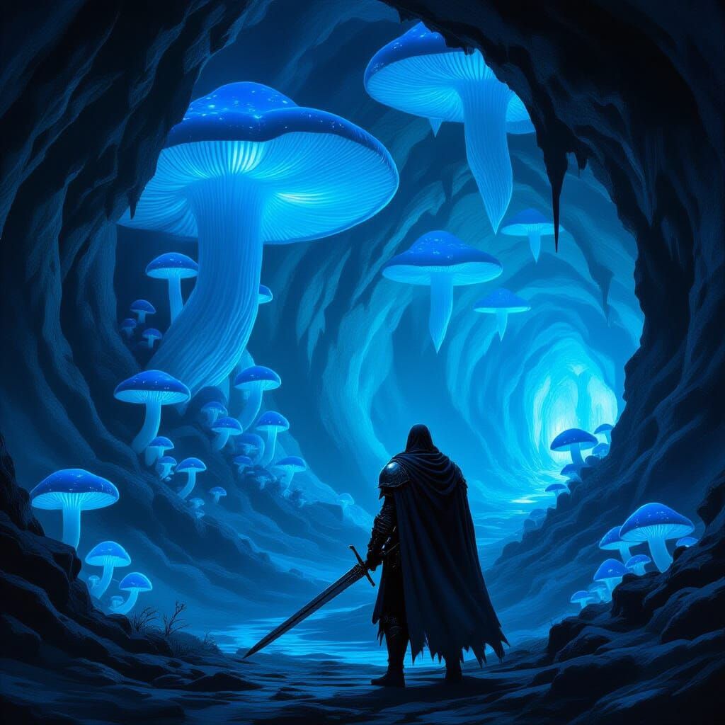 Knight in Bioluminescent Mushroom Cavern