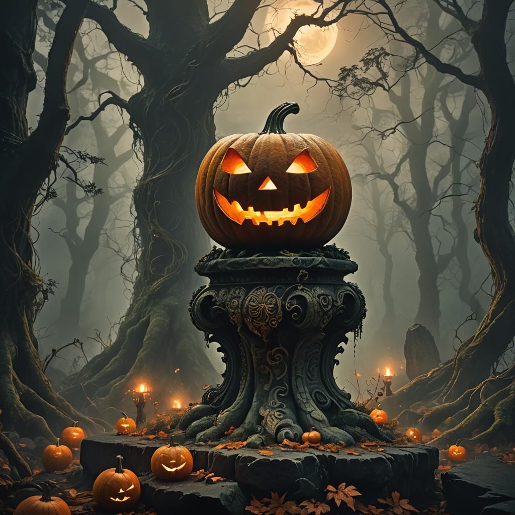 Glowing Jack-o'-Lantern in Mystical Forest: Matte Painting