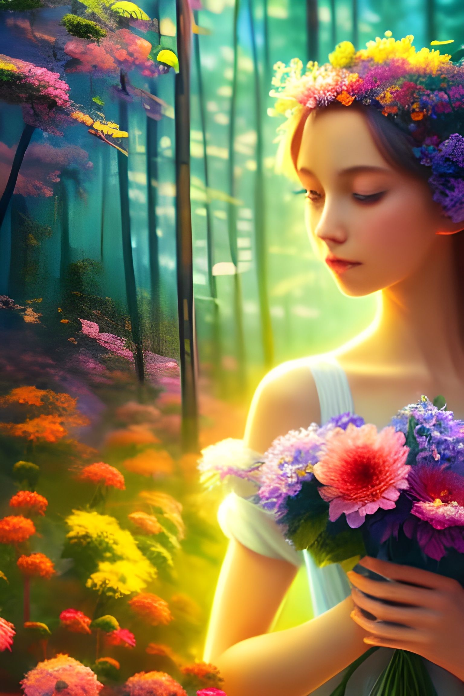 Girl with Magical Bouquet in Anime Style