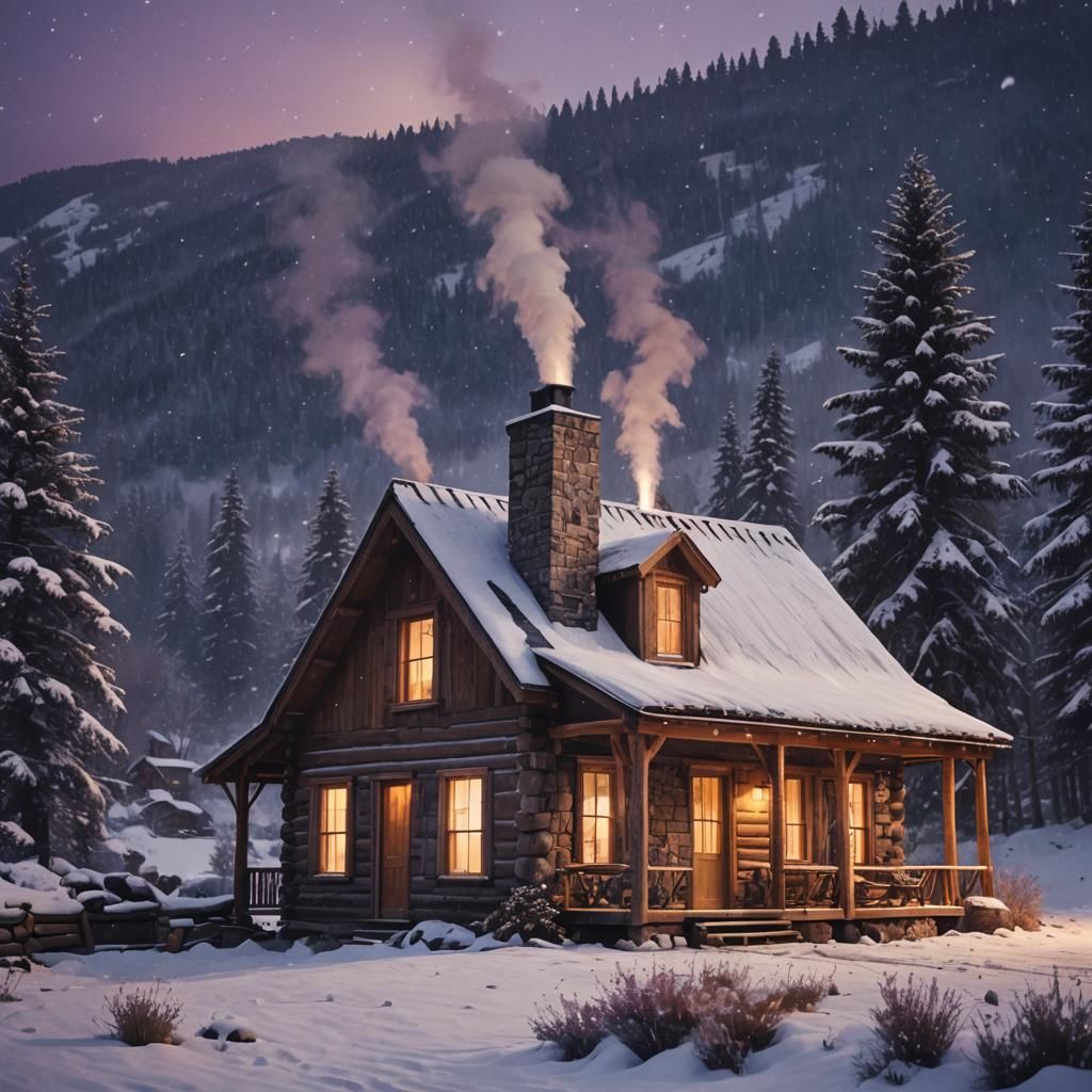 Cozy Cabin in Snowy Mountains at Twilight