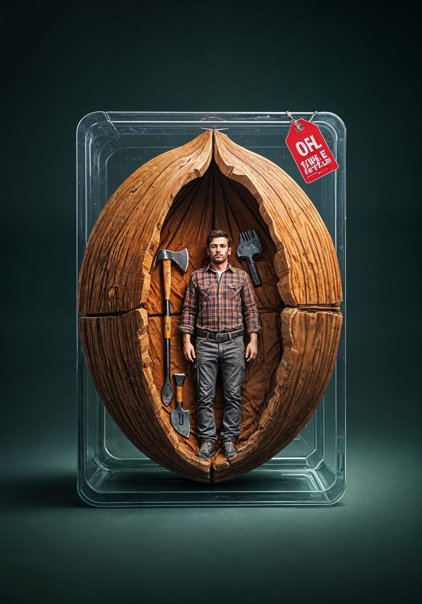 Glossy Plastic Blister Pack Holds a Man Inside an Open Nutsh...