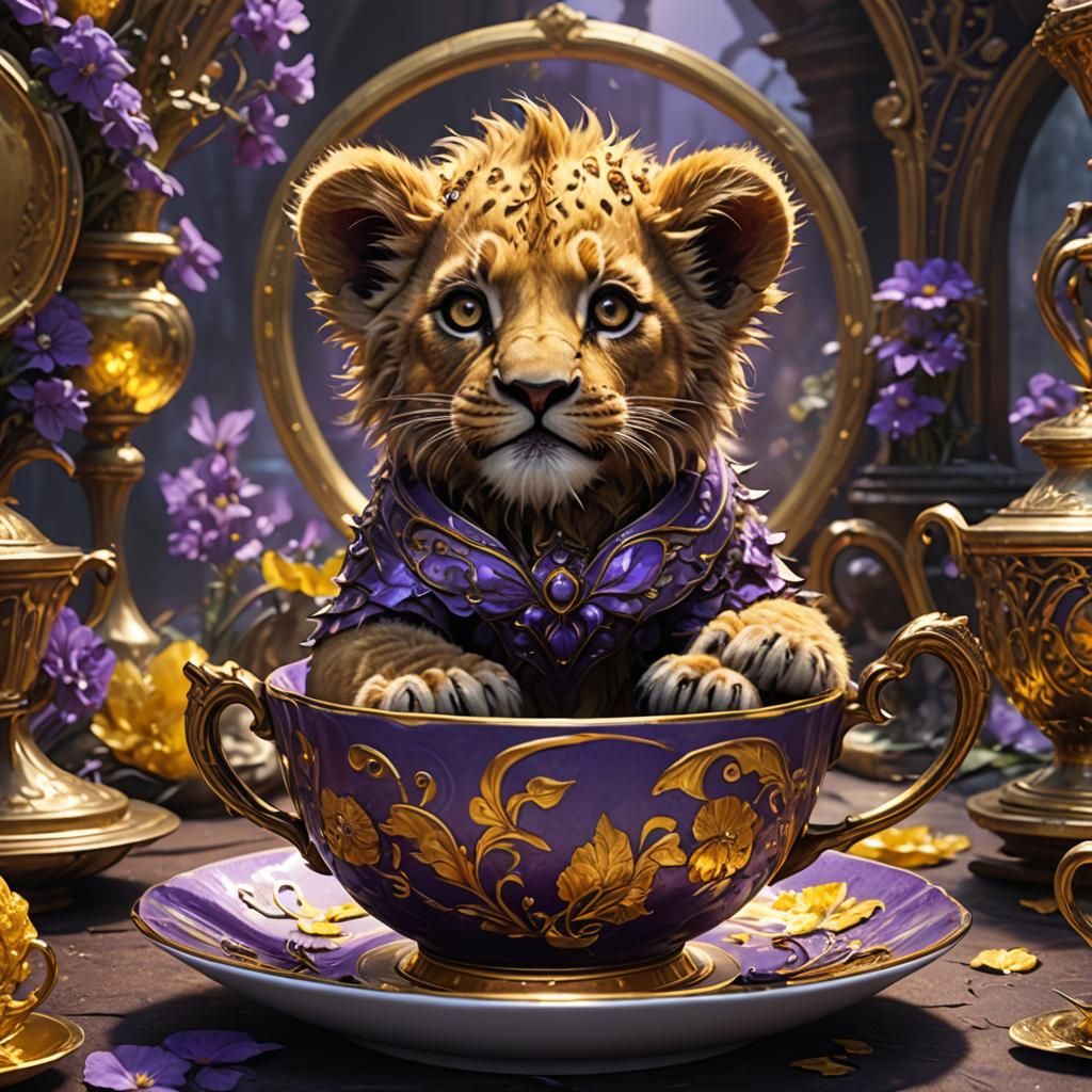 Lion Cub in Teacup: Dark Fantasy Concept Art