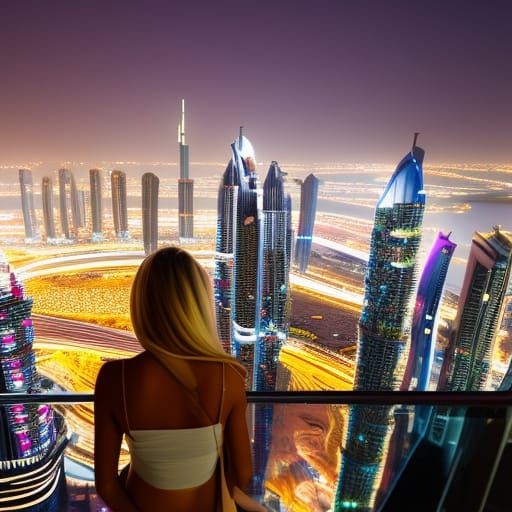 Blonde Woman Watches Dubai at Night: Professional Photograph...