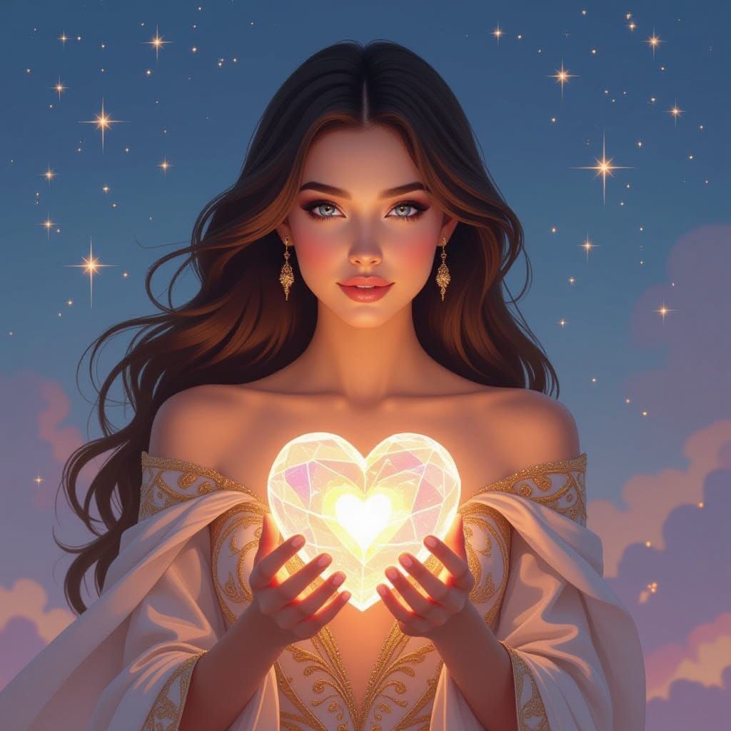 Glowing Crystal Goddess Under Pastel Night Sky