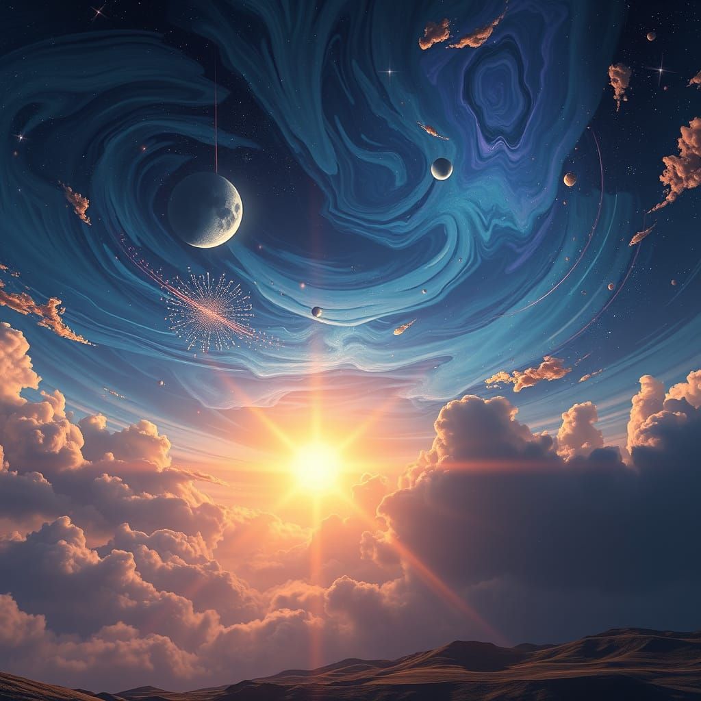 Ethereal Celestial Odyssey in Vibrant, Swirling Skies