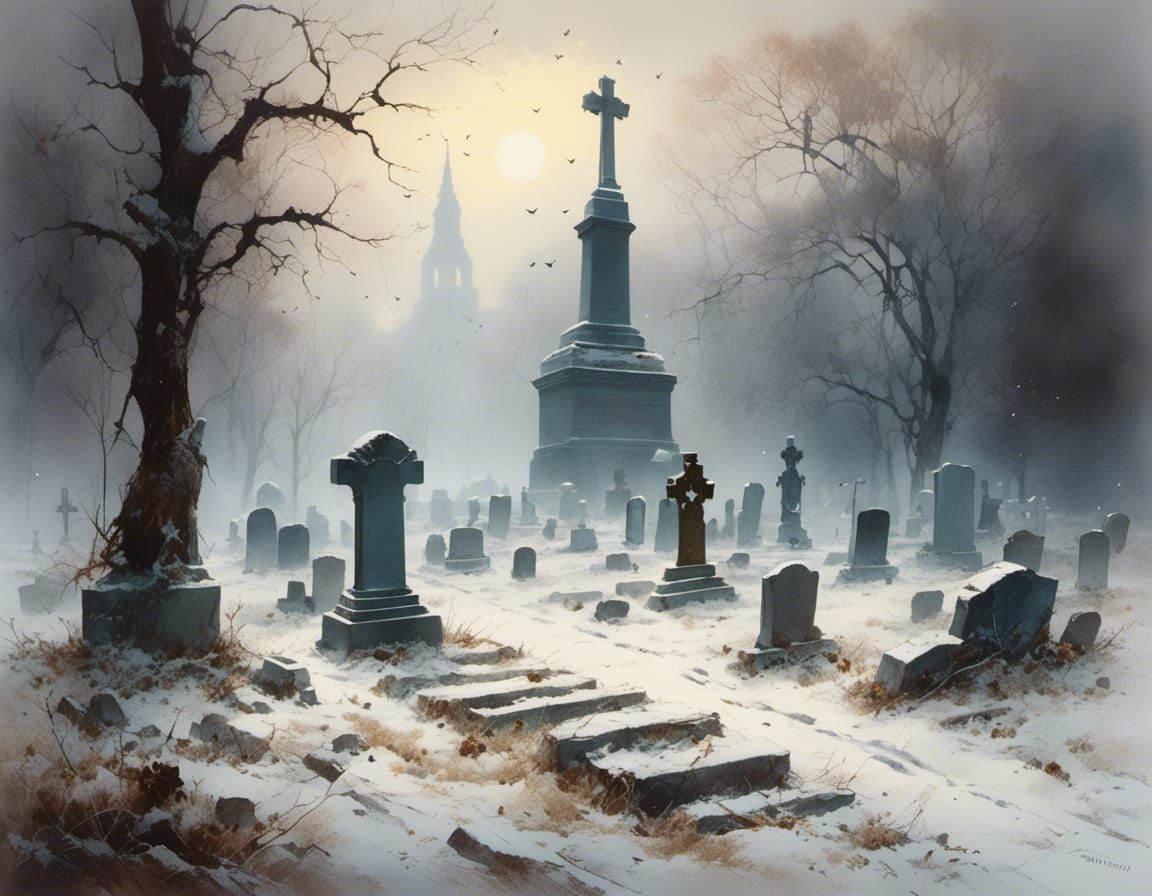 Bleak Winter Cemetery Watercolor Painting