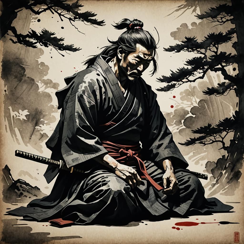 Sleeping Samurai in Japanese Ink-Drawing Style