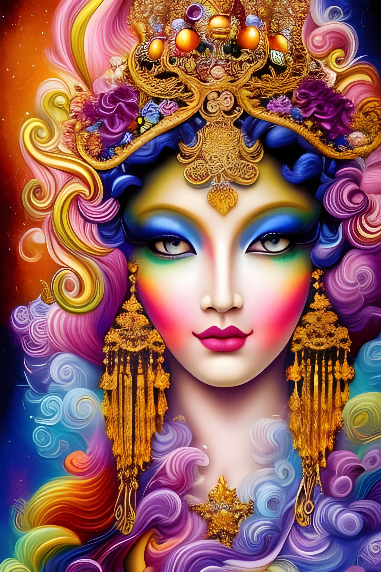 Ornate Rococo Goddess Portrait in Rainbow Gradients