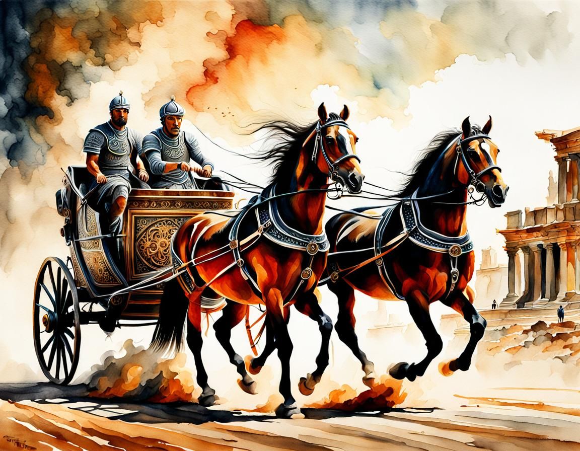 Detailed Watercolor Painting of a Roman Chariot