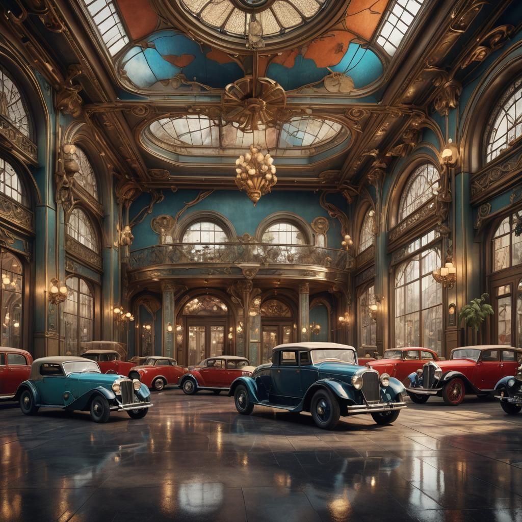 Art Nouveau Car Showroom with Antique Cars