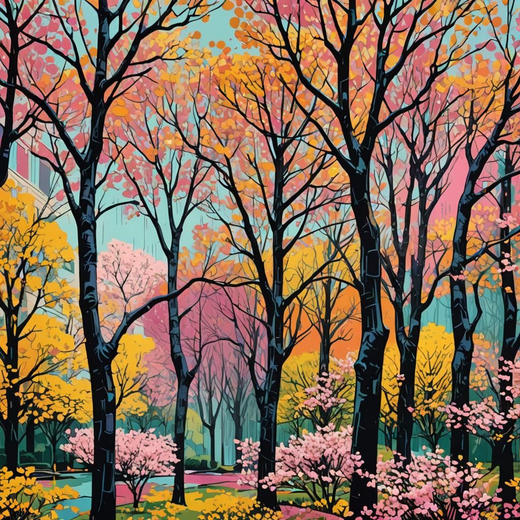 Vibrant Garden: Bradford Pears in Pop Art Style