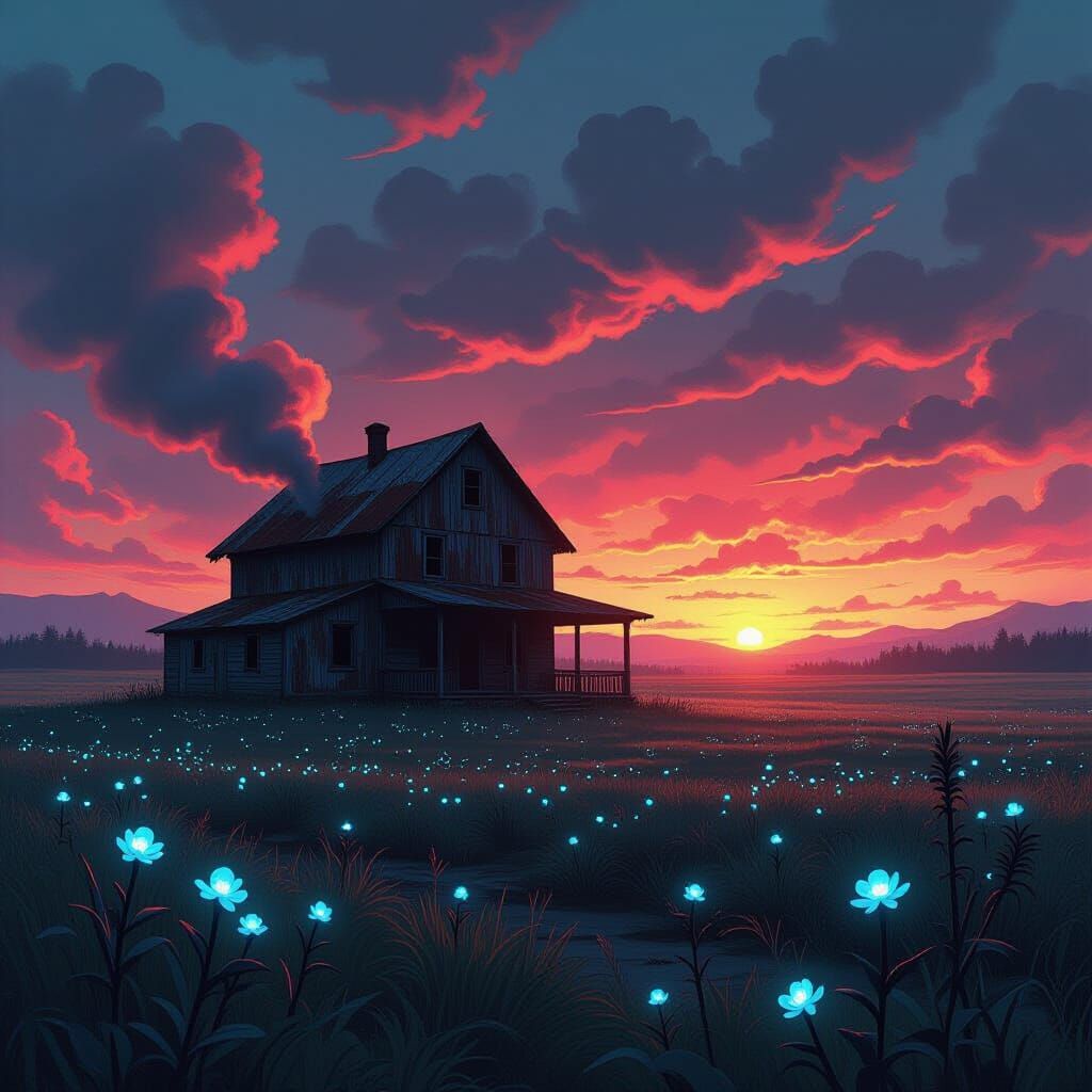Dystopian Farmhouse with Bioluminescent Flora