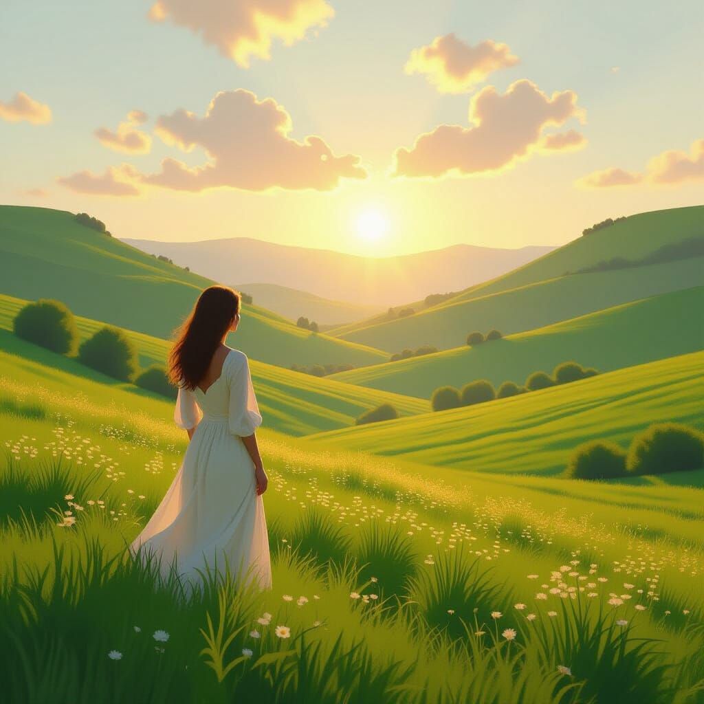 Woman in Lush Valley with Sunbeams: Impressionist Digital Ar...