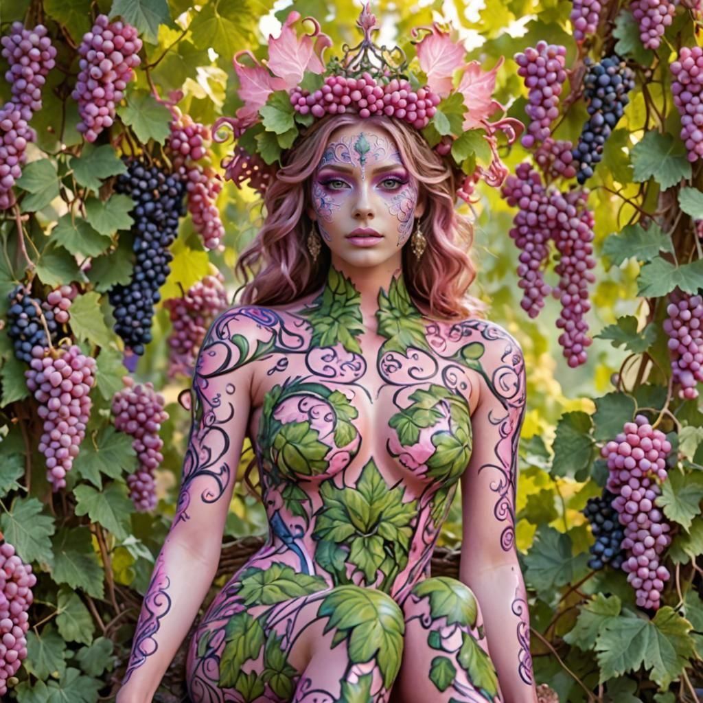 Intricate Body Paint Art of Woman in Vineyard