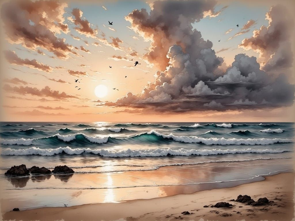 Sunset Over Serene Sea: An Aquarelle Sketch