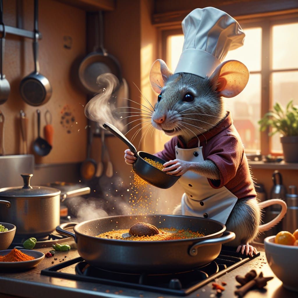 Cute Rat Chef Cooks in Cozy Kitchen: Digital Art