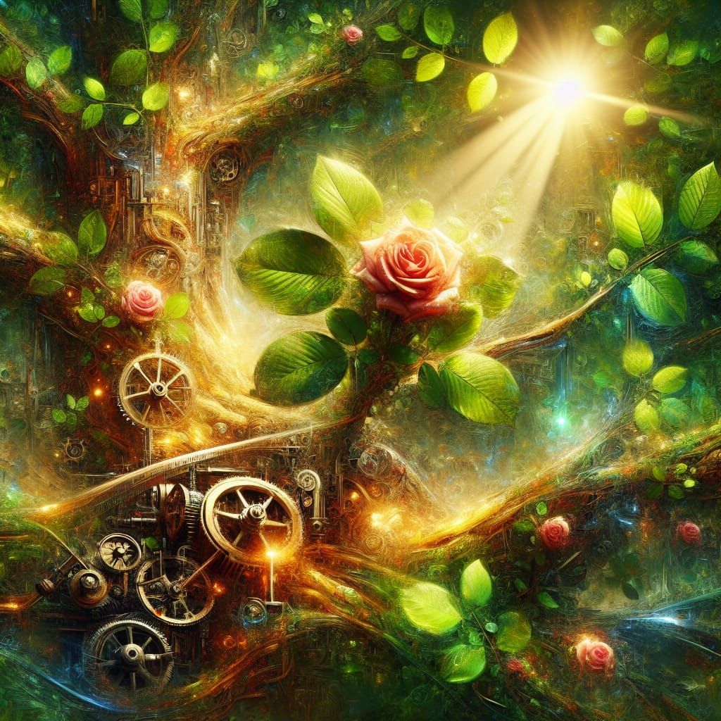 Lush Nature Scene with Steampunk Engine