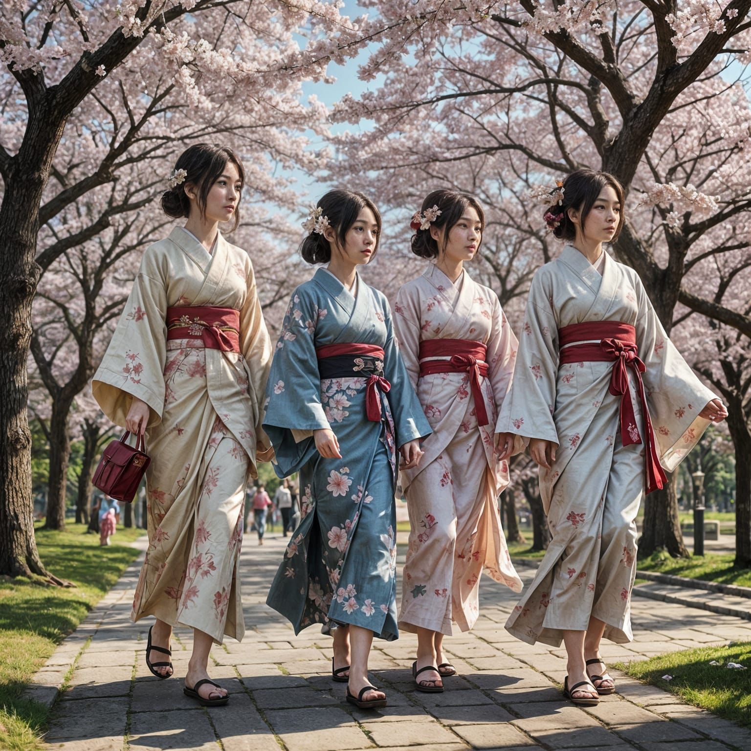 Japanese Women Stroll through Cherry Blossom Paradise in Spr...
