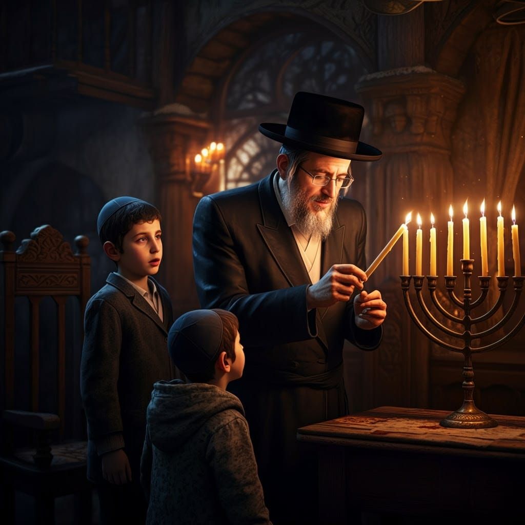 Devout Hasidic Jew Lights Hanukkah Candles in Cozy Winter Sc...