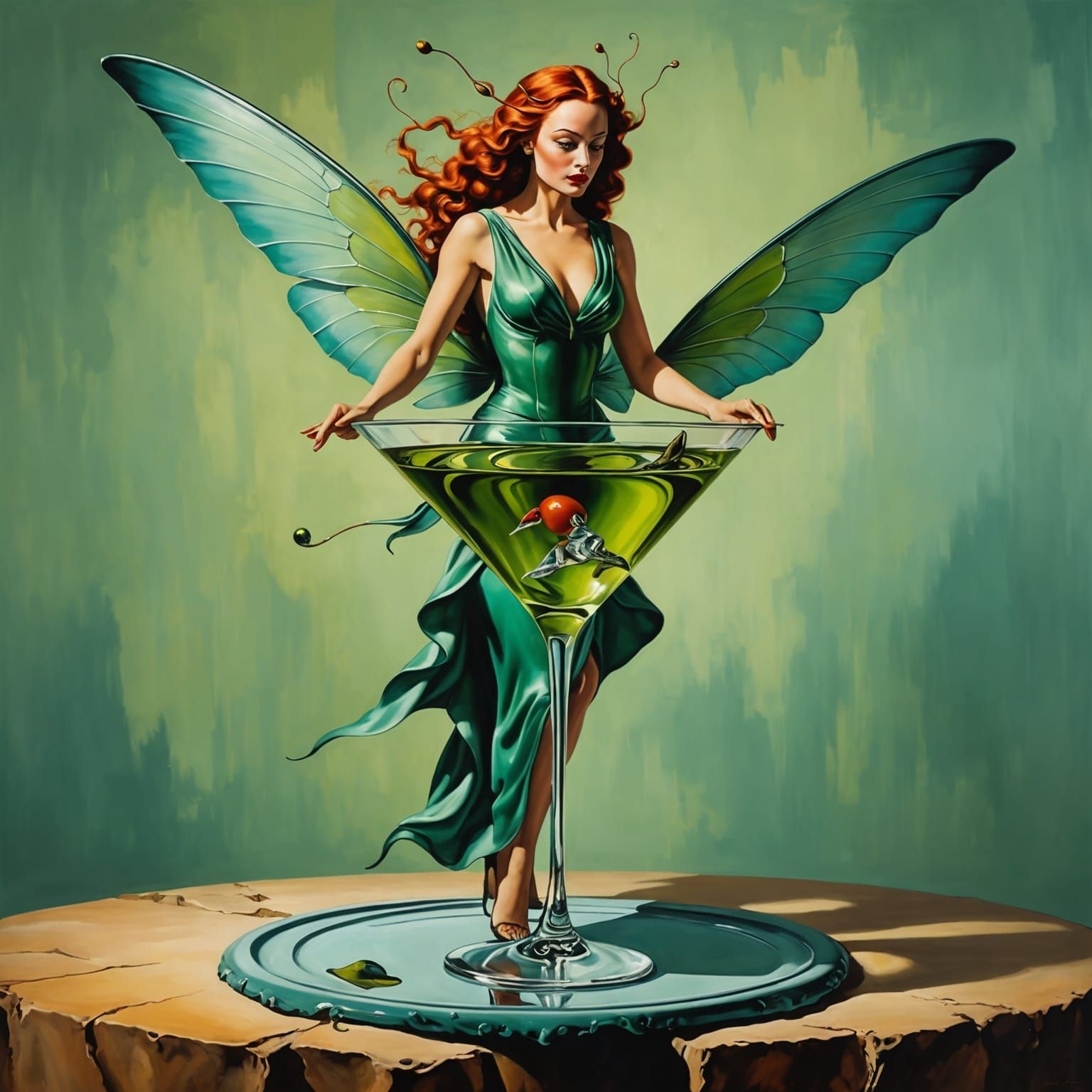 Redhead Fairy on Martini Glass, Dali Surrealism