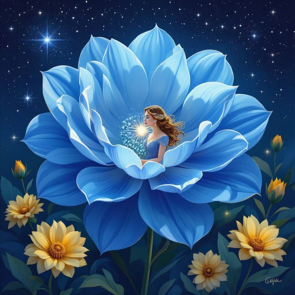 Blue Flower With Lady Inside, Night Scene