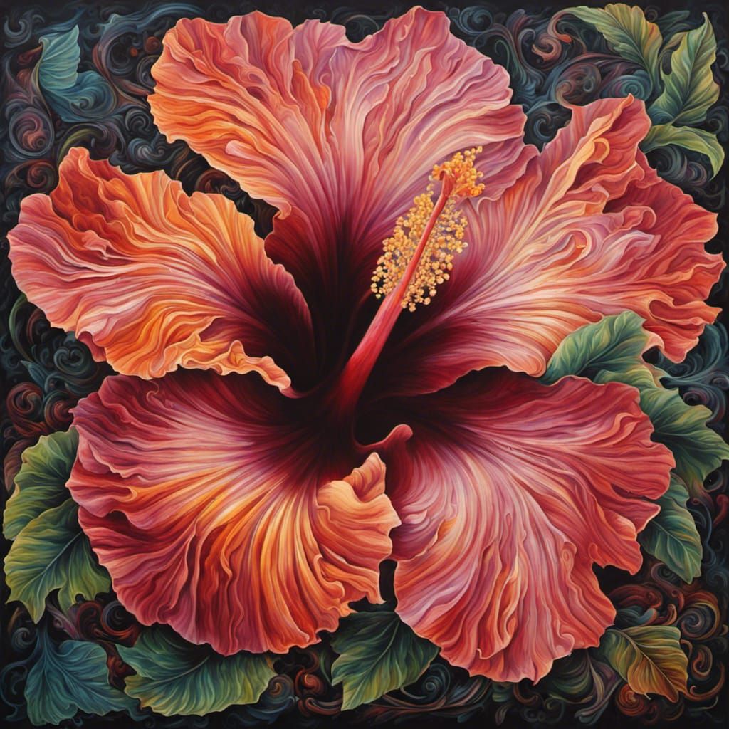 Intricate Hibiscus Flower Painting in Dramatic Style