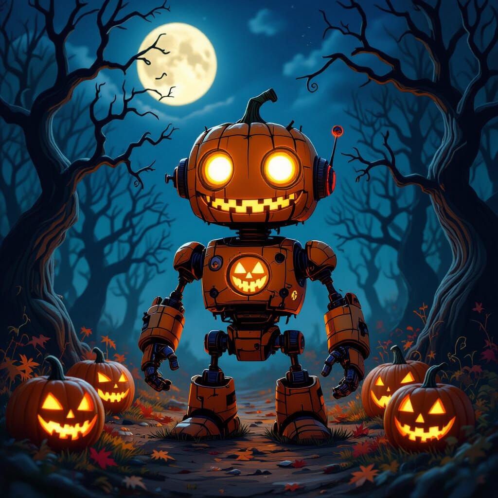 Pumpkin Robot in Spooky Forest, Burtonesque Style