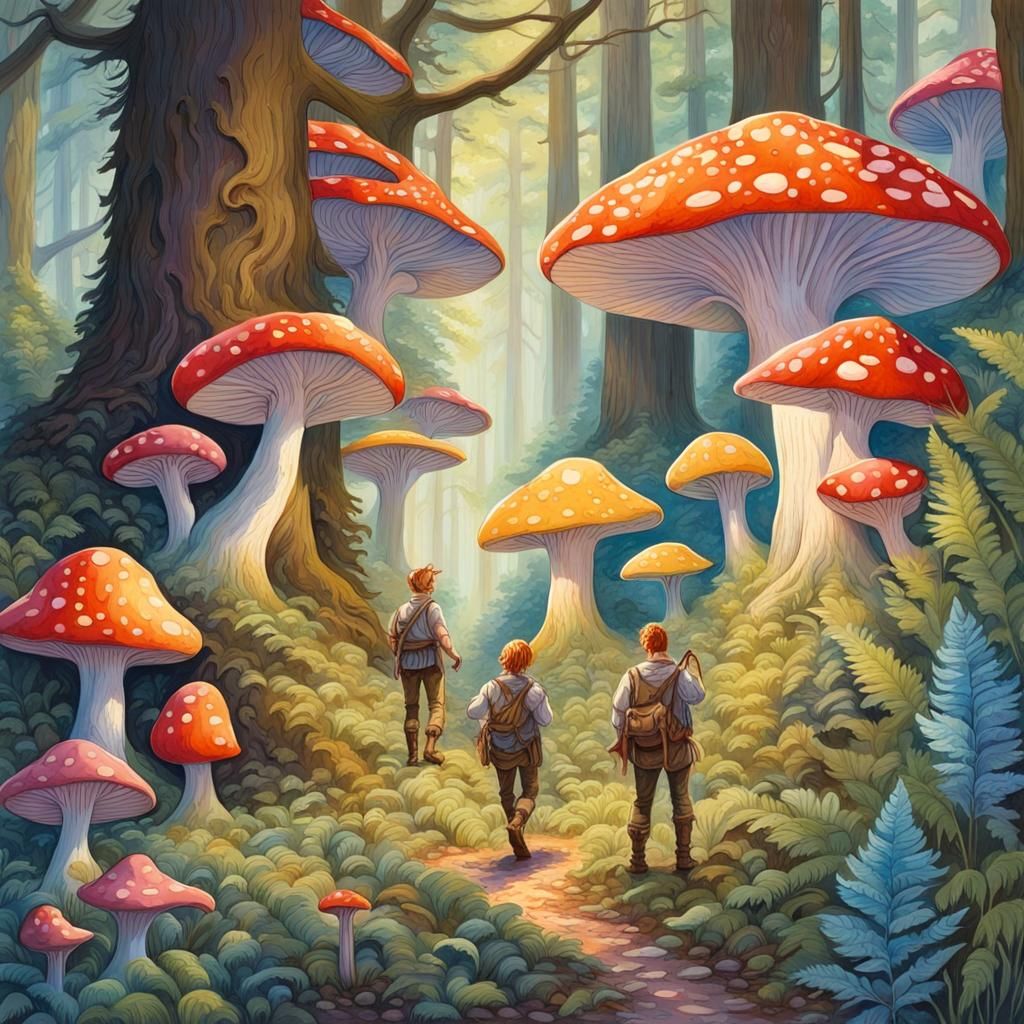 Elves Explore a Magical Mushroom Forest in Gouache