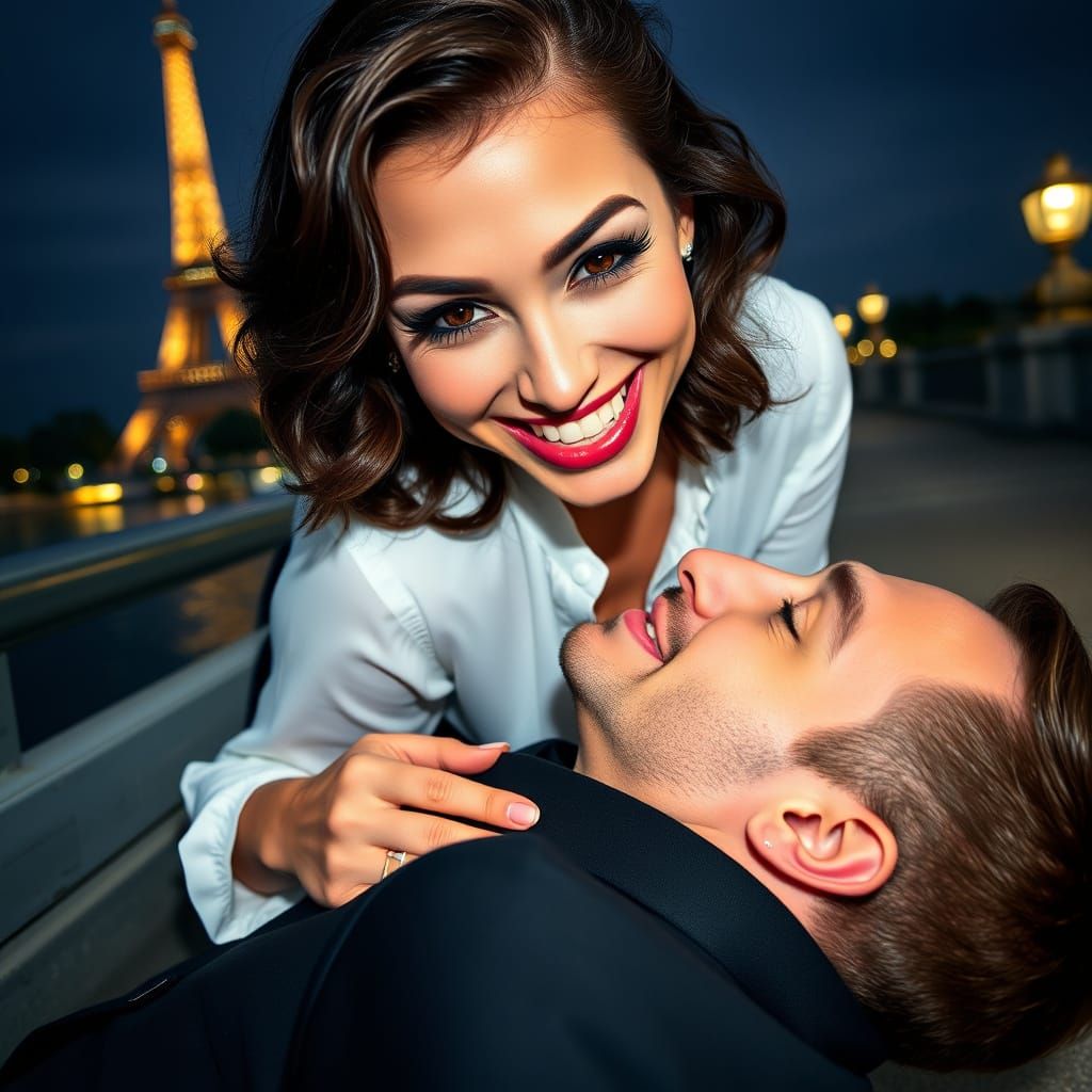 Vampire Woman Smiles on Bridge Overlooking Eiffel Tower