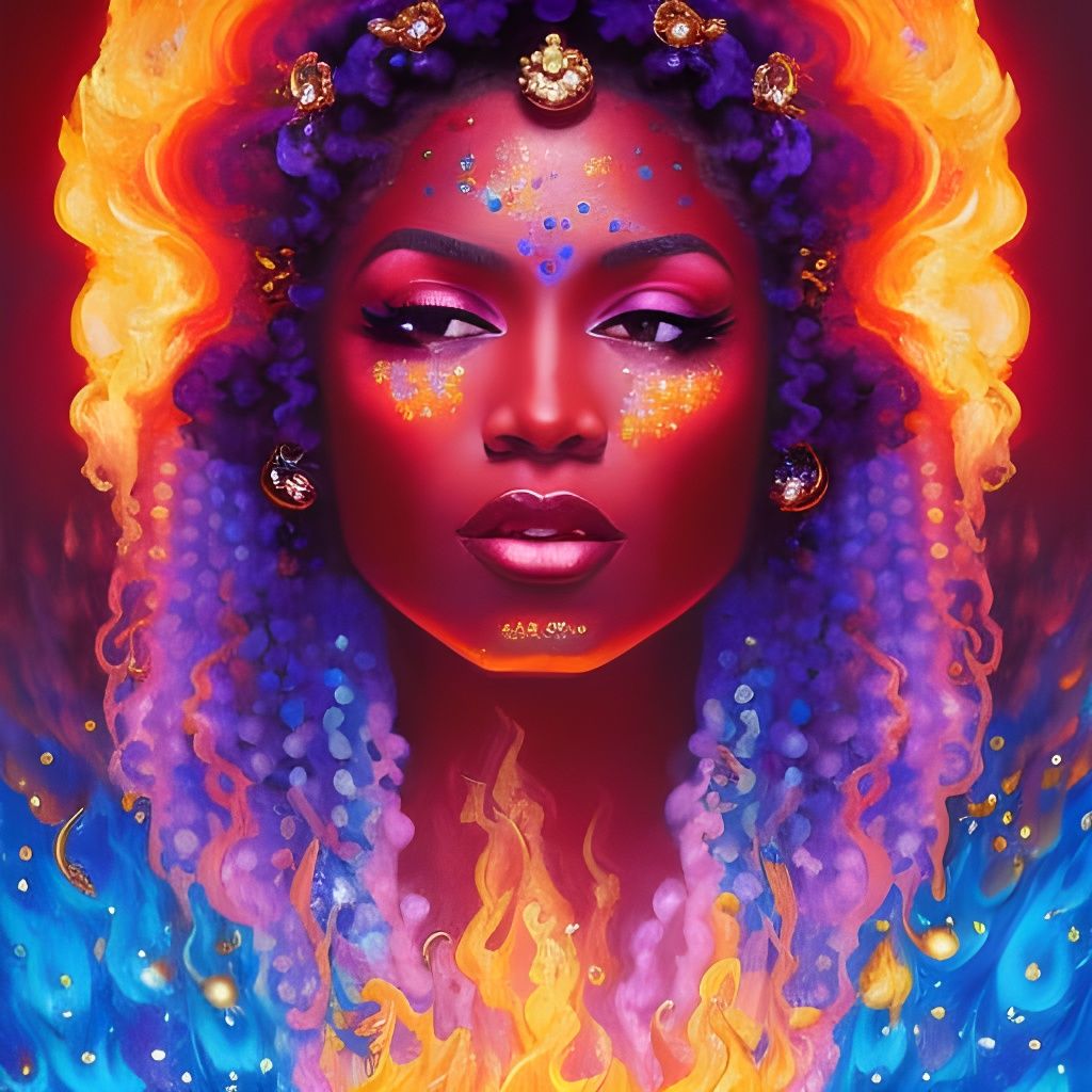 Flaming Black Goddess in Psychedelic Pointillism Style