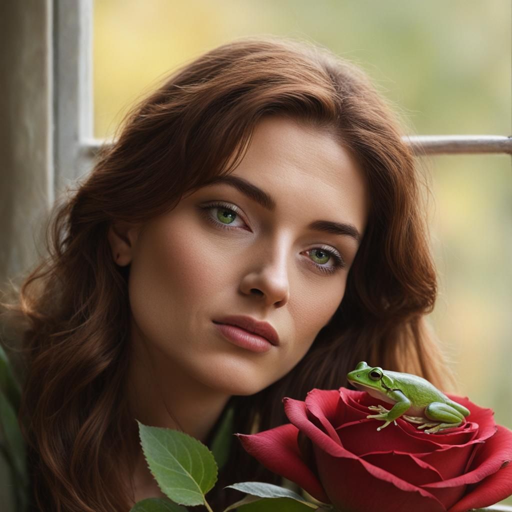 Hyperrealistic Autumn Scene: Woman, Frog, and Rose
