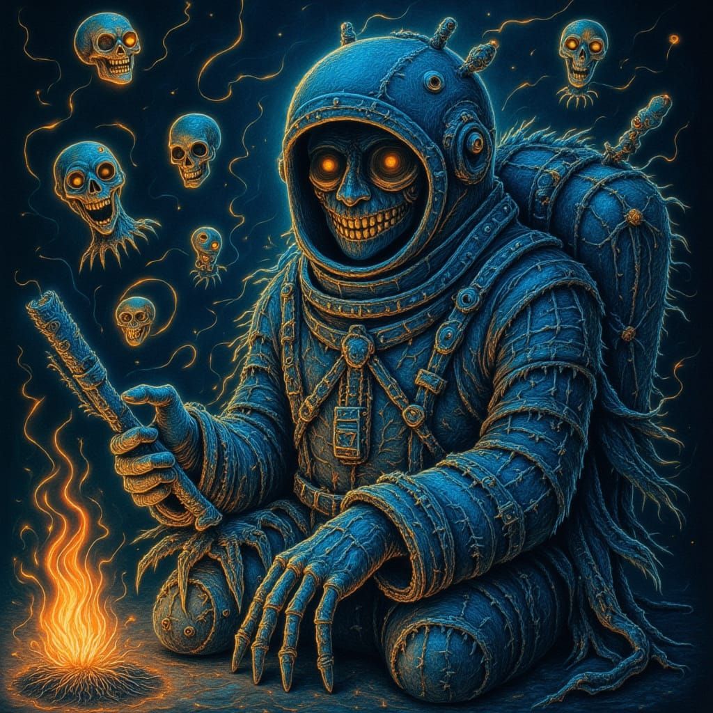 Surreal Spaceman with Voodoo Dolls by Bonfire
