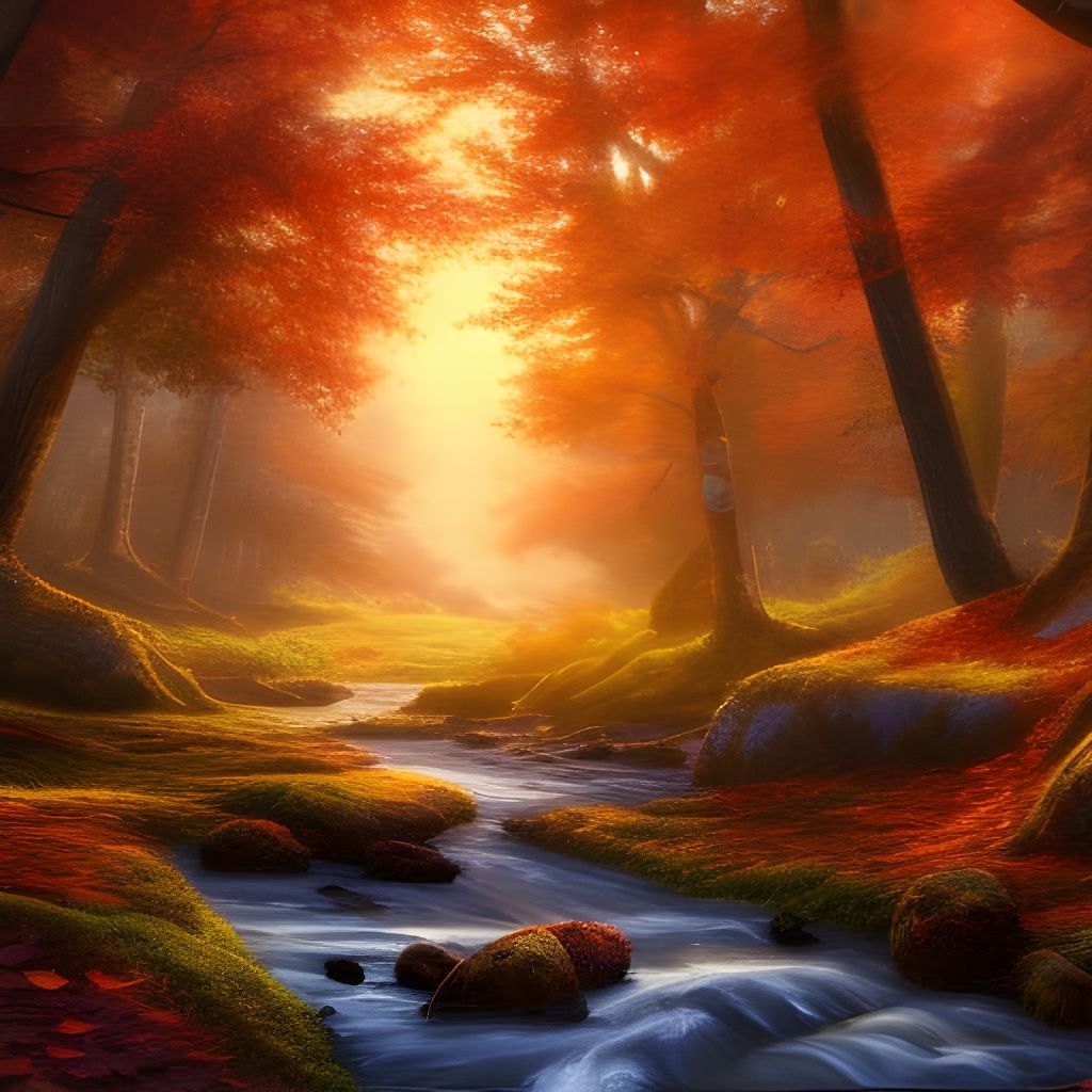 Colorful Autumn Woods River Bend at Sunset