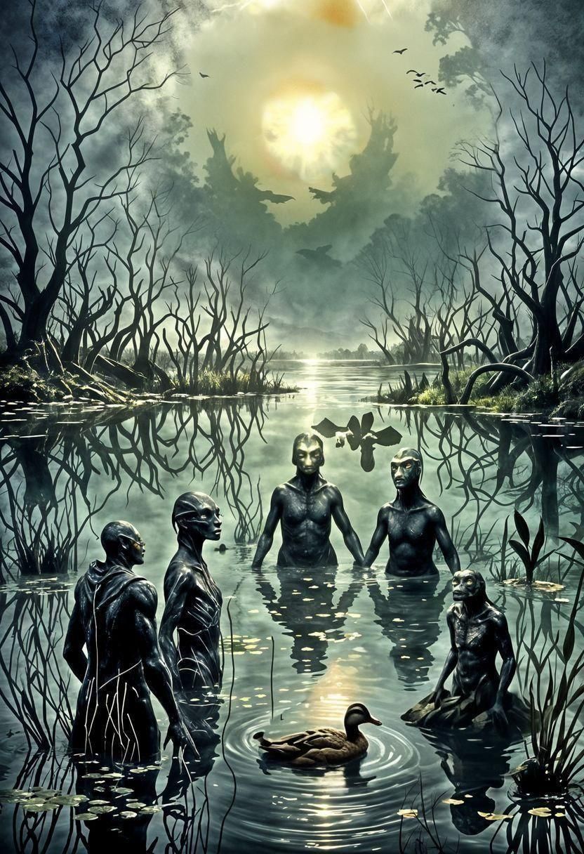 Reptilian Humanoids Hunting in Dark Swamp at Night
