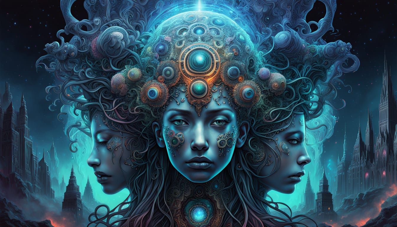 Cybernetic Woman Emerging from Mist in Steampunk Style